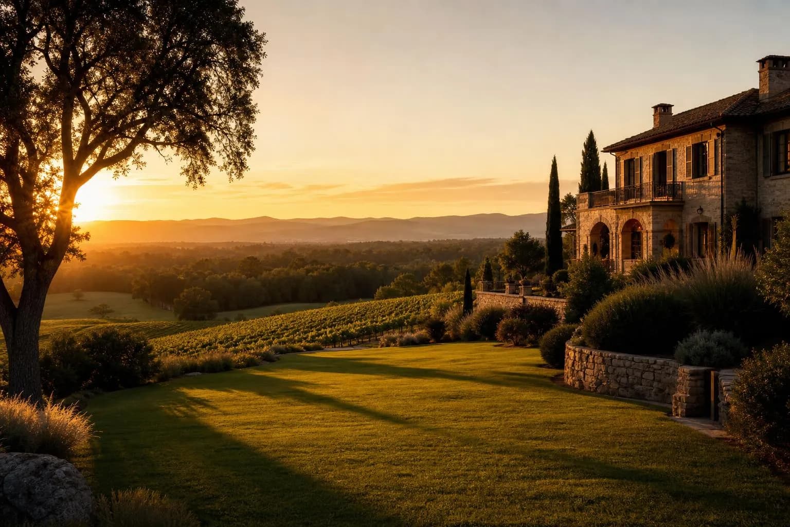 Rolling private estate grounds at golden hour, vineyard visible on hillside, warm afternoon light casting long shadows across manicured landscape.