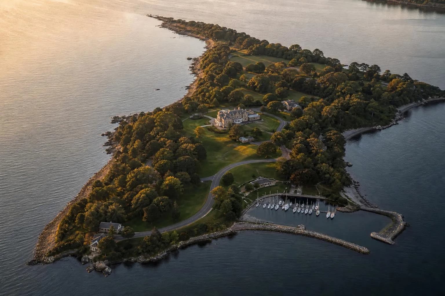 Aerial view of a coastal estate with winding road, manicured grounds, and moored boats at golden hour.