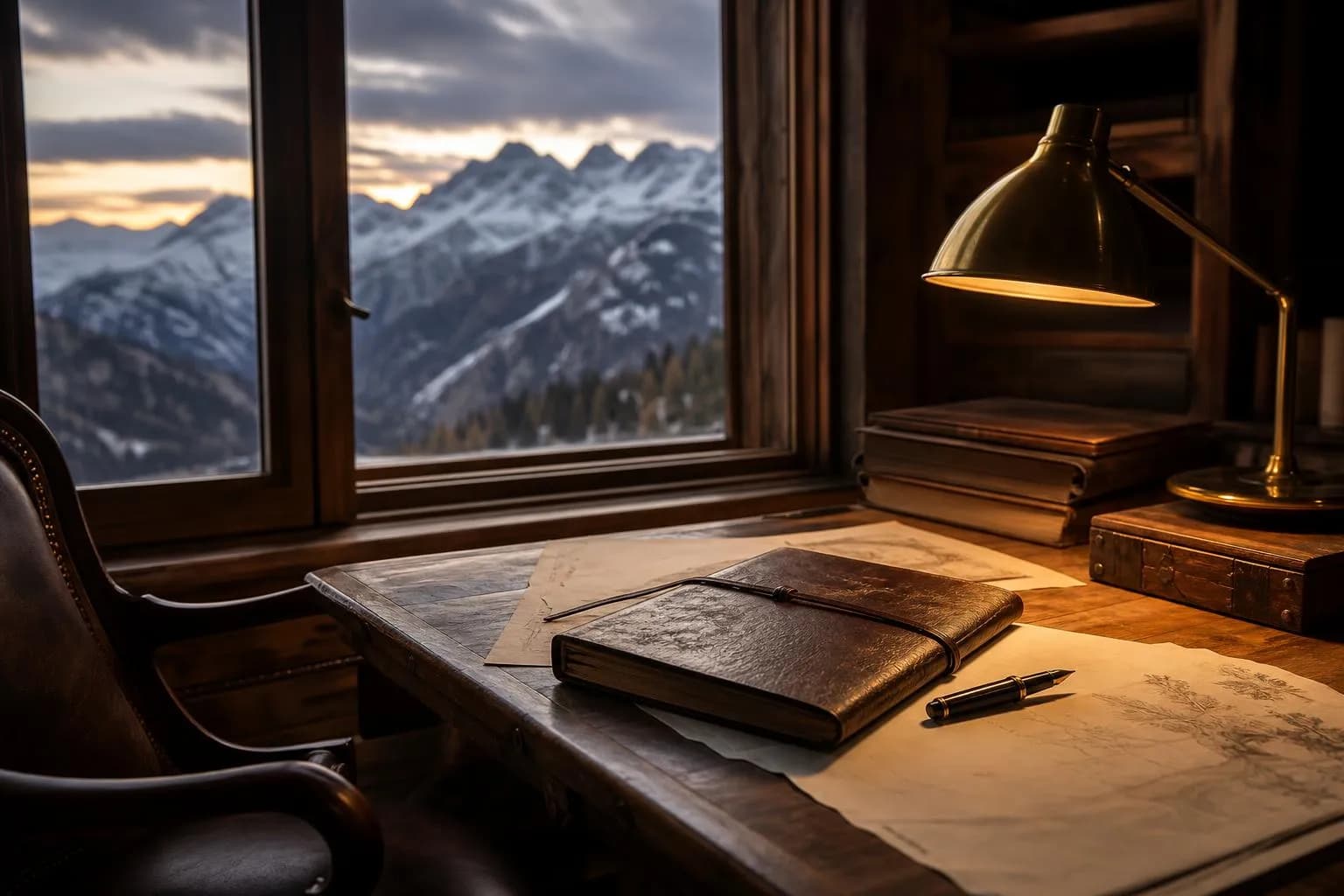 Alpine lodge study at dusk with desk, journal, and mountain view through window.