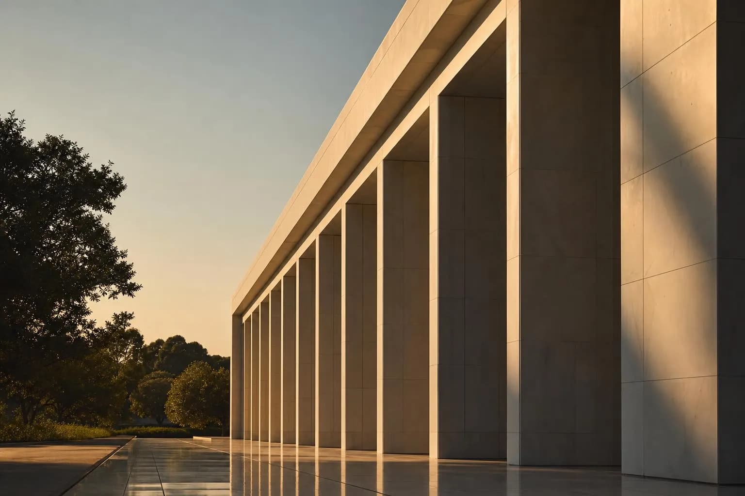 Modernist building facade with sharp geometric shadows, emphasizing underlying structural framework