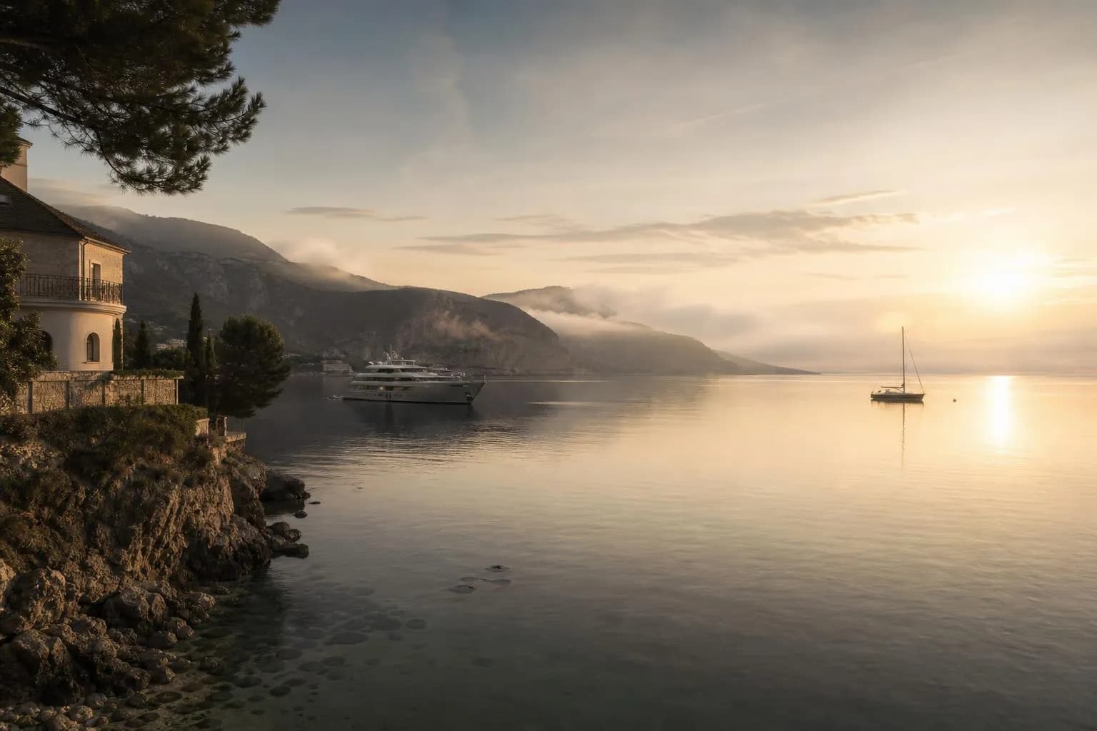 Two boats moored separately in a calm cove at first light, morning mist on distant cliffs.