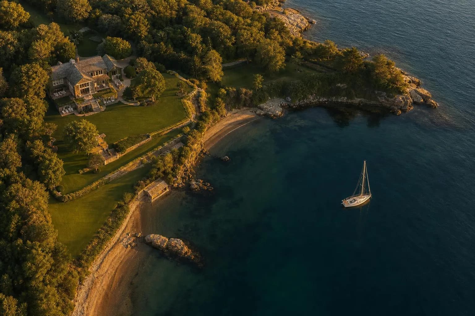 Aerial view of a private coastal estate with sailboat and manicured grounds at golden hour.