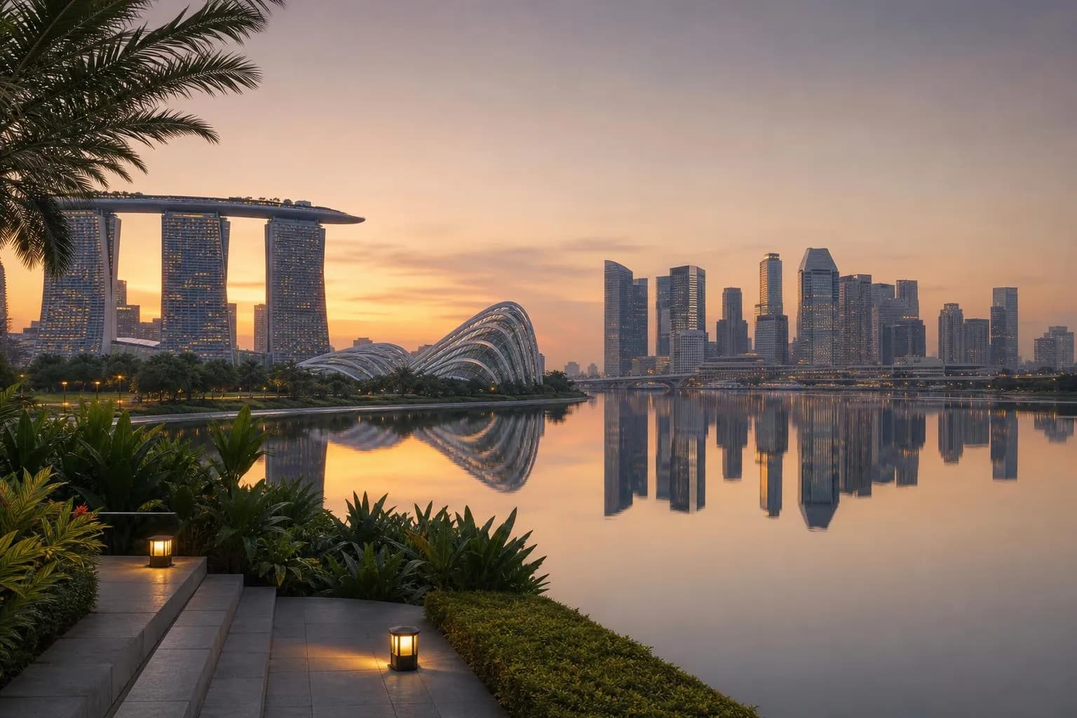 Singapore's Marina Bay reflected in still water at dawn, with tropical gardens in the foreground