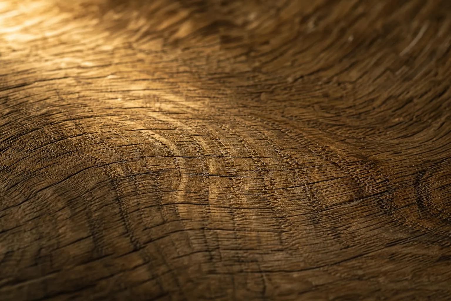 Close-up of aged oak wood grain with warm, naturalistic lighting highlighting growth rings and surface texture