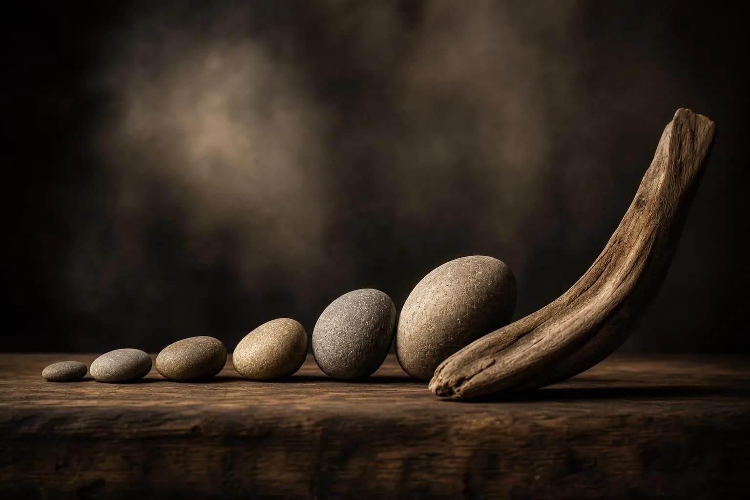 Still life of stones and driftwood arranged to suggest an upward trend, soft natural light