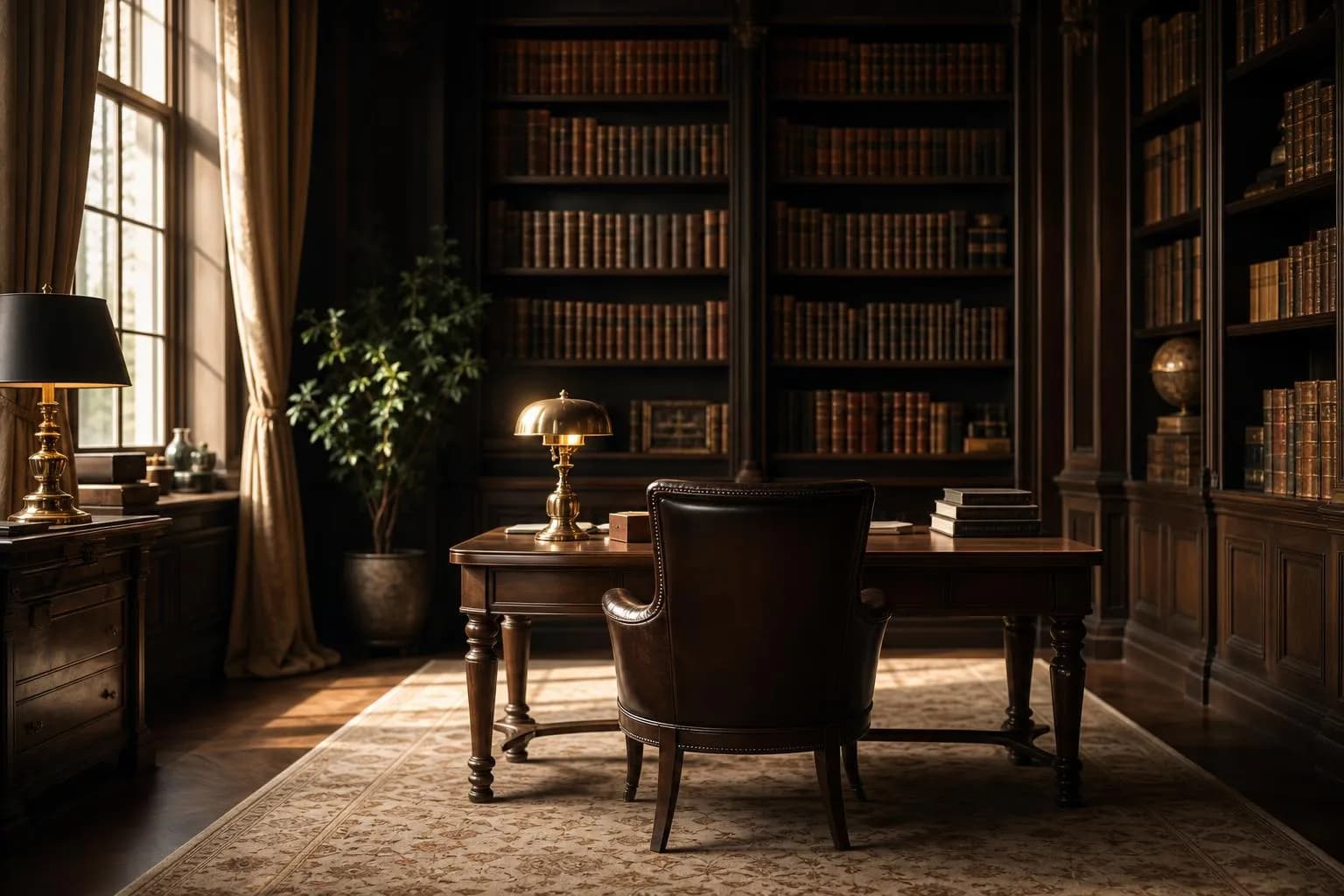 A sunlit private library with an empty leather chair facing tall windows and shelves of books, evoking long-term life planning and reflection.