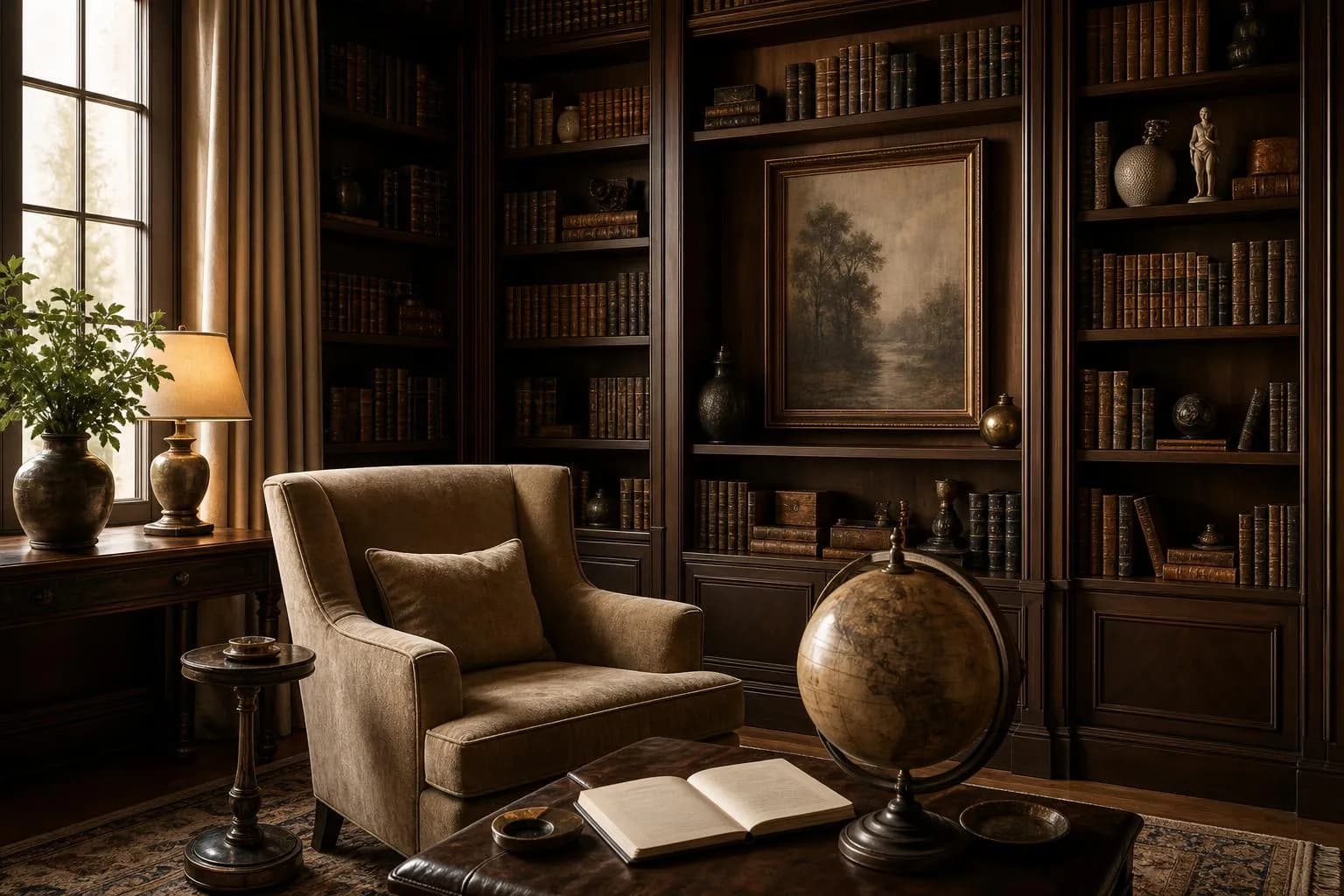 A quiet private library with comfortable seating, bookshelves, and natural light suggesting contemplative financial planning.