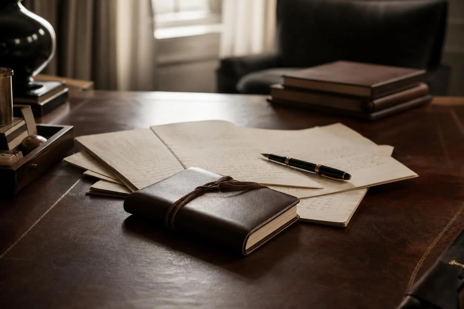 Mahogany desk with ledgers, fountain pen, and leather journal in natural light