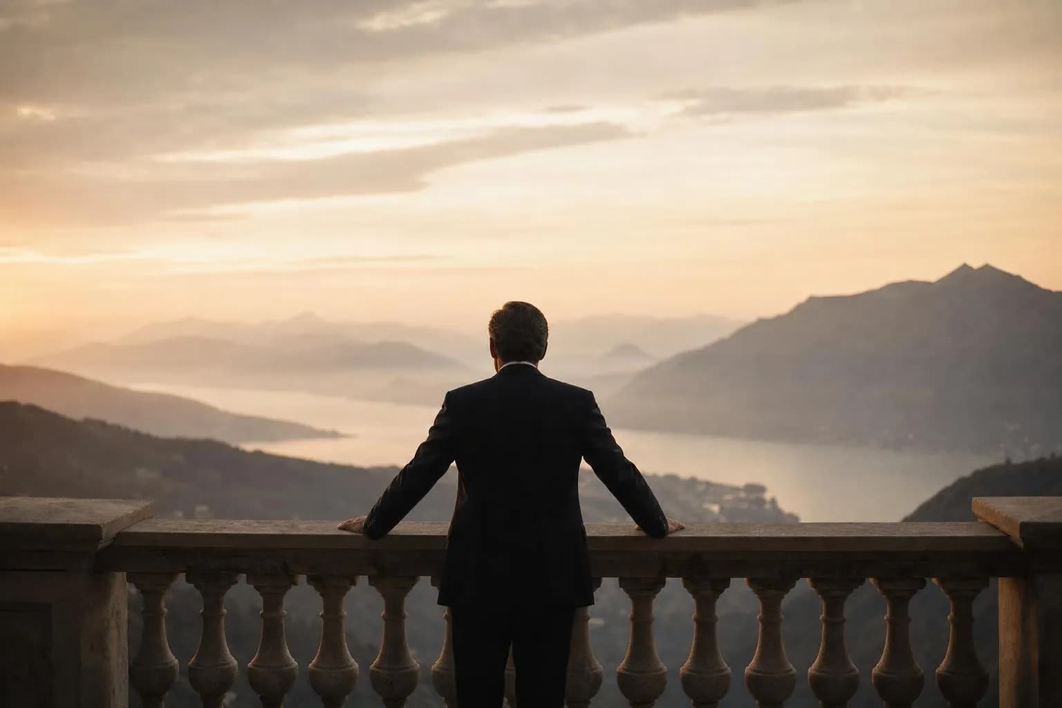 A lone figure at a railing overlooking a distant landscape in soft, contemplative light