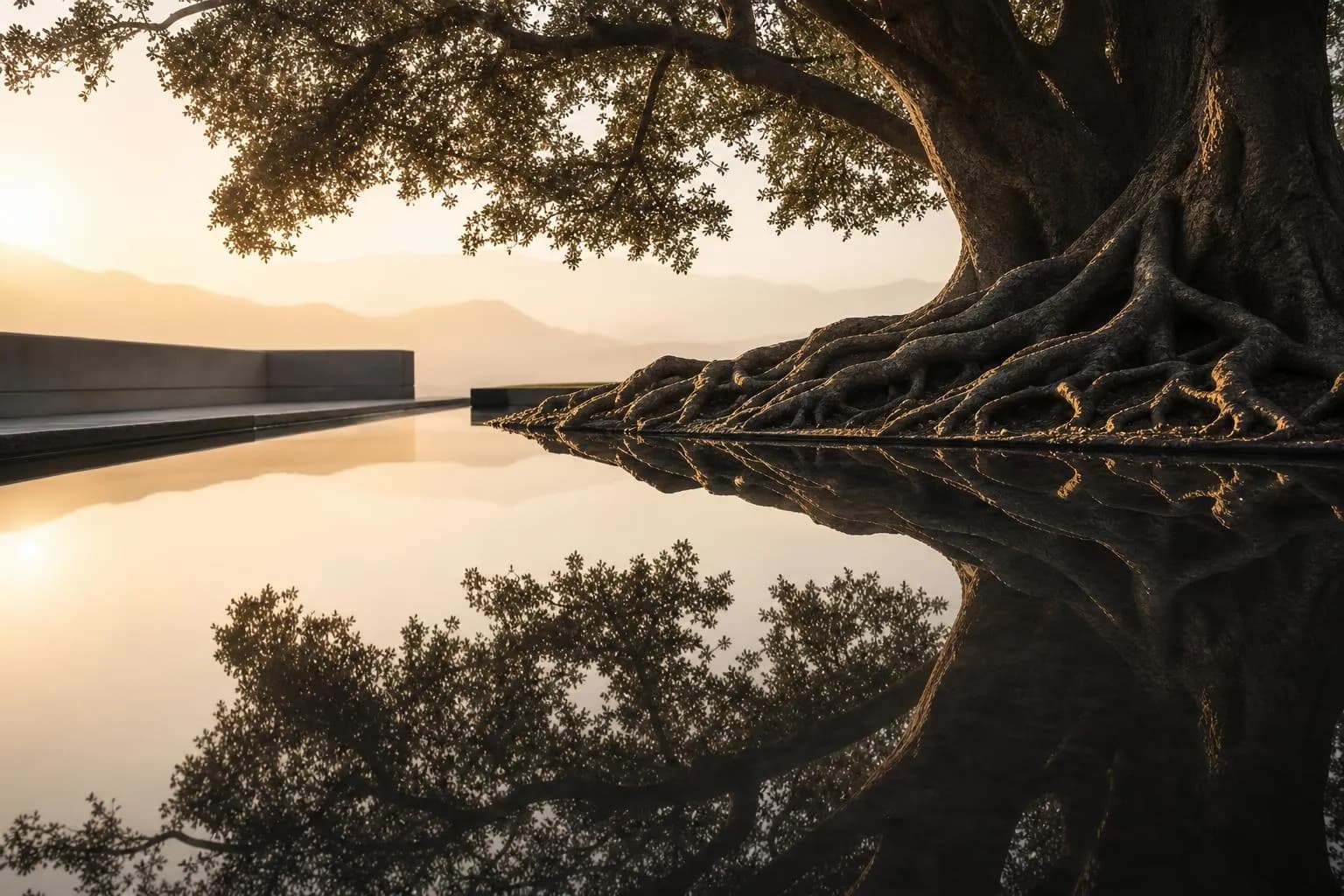 Ancient tree mirrored in still dawn water, dewdrops at roots