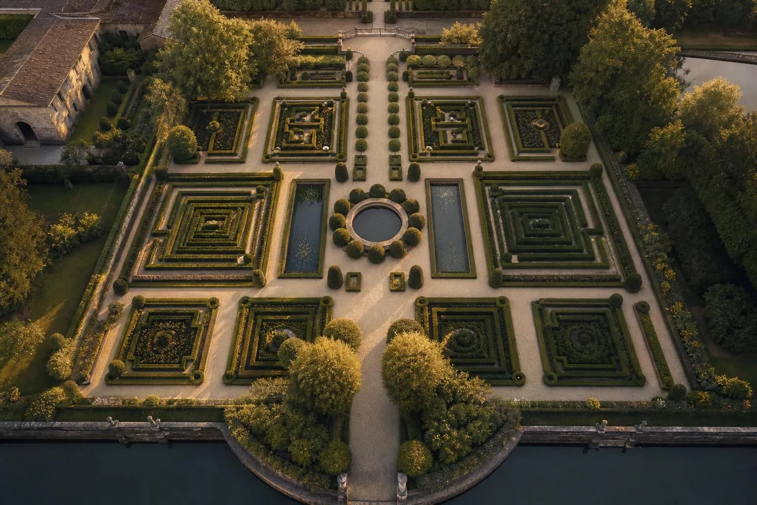 Overhead view of an ordered formal garden with geometric patterns and precise landscaping.