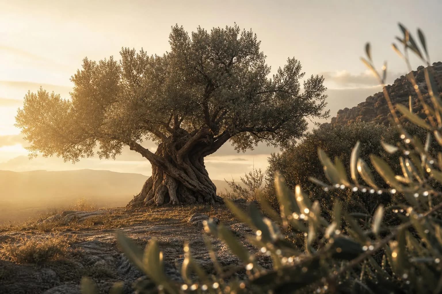 Ancient tree with dew-covered leaves in soft morning light, symbolizing growth and accumulated value.