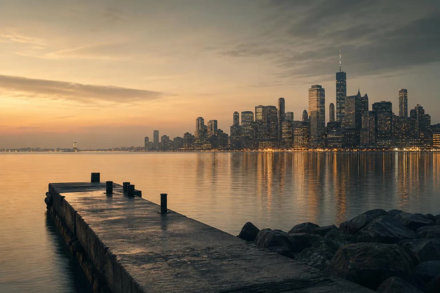 Distant city skyline reflected in calm water at dusk, viewed from a quiet shoreline
