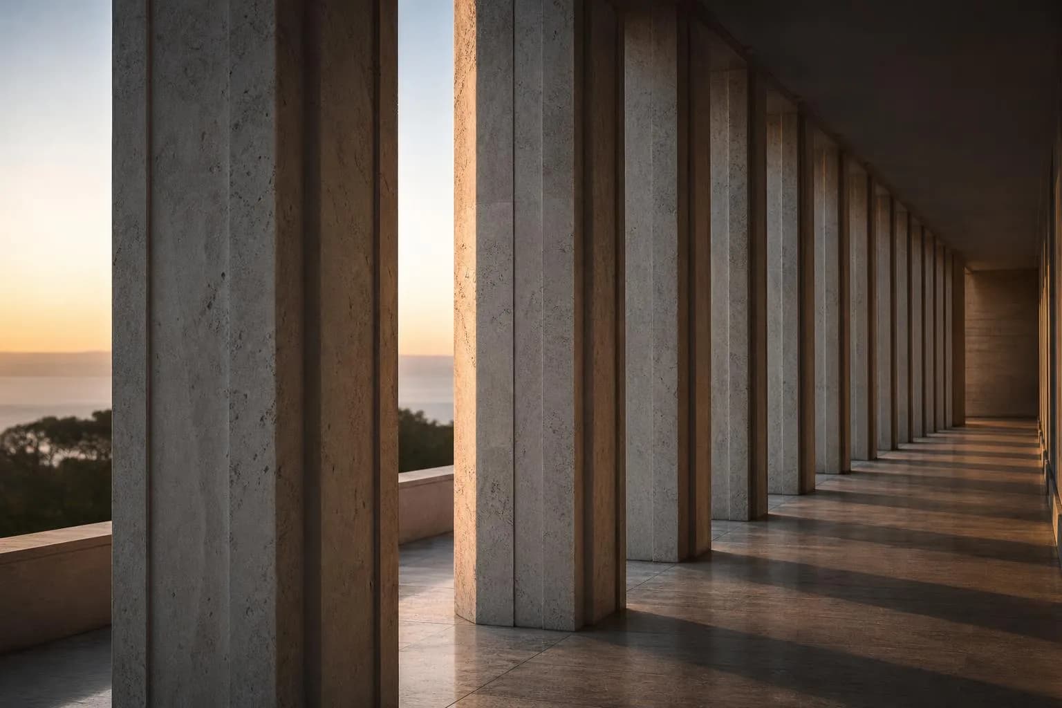 Modernist colonnade with repeated columns in geometric alignment, emphasizing structure and individual elements