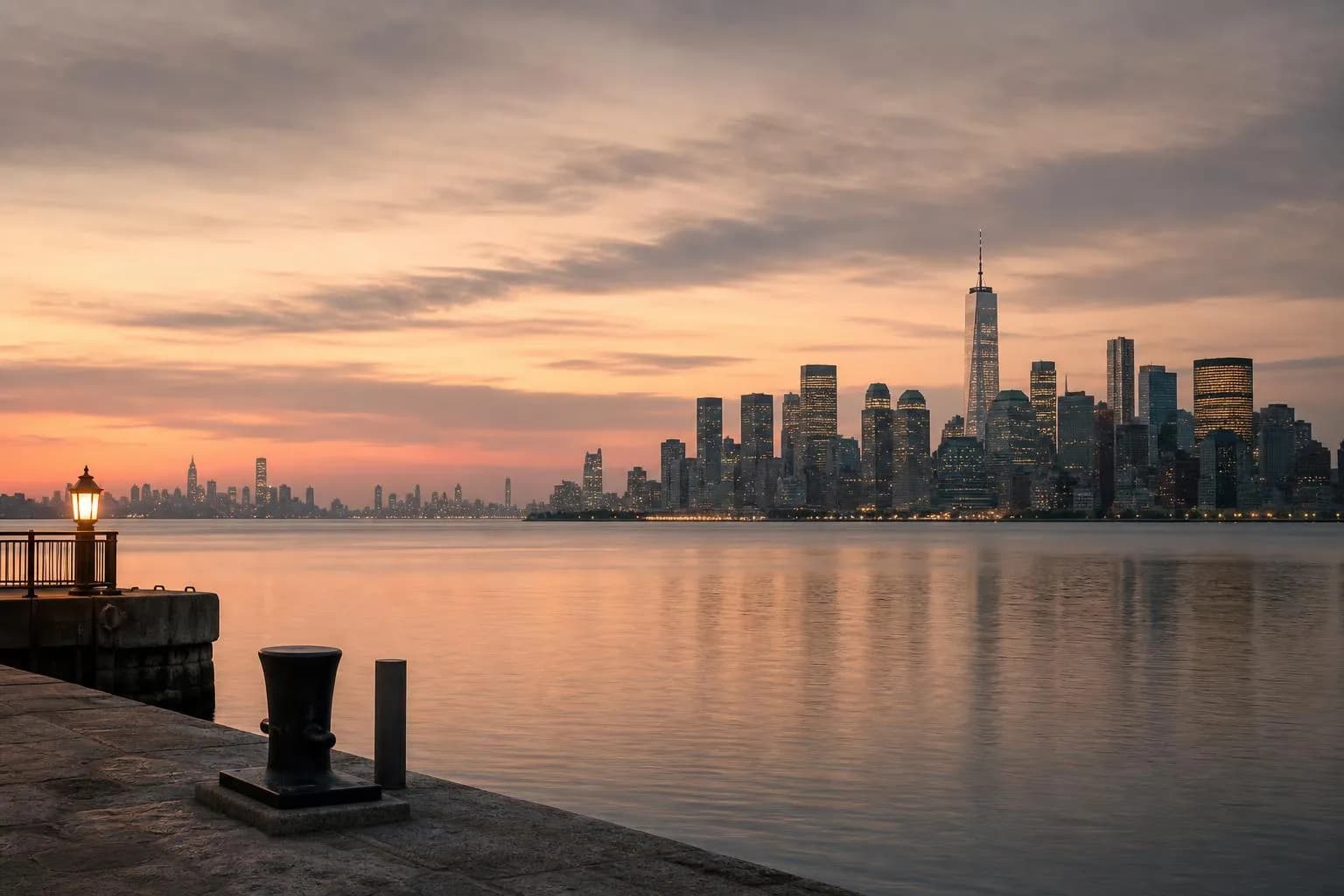 Distant city skyline glowing softly across still water at dusk, viewed from a quiet shoreline