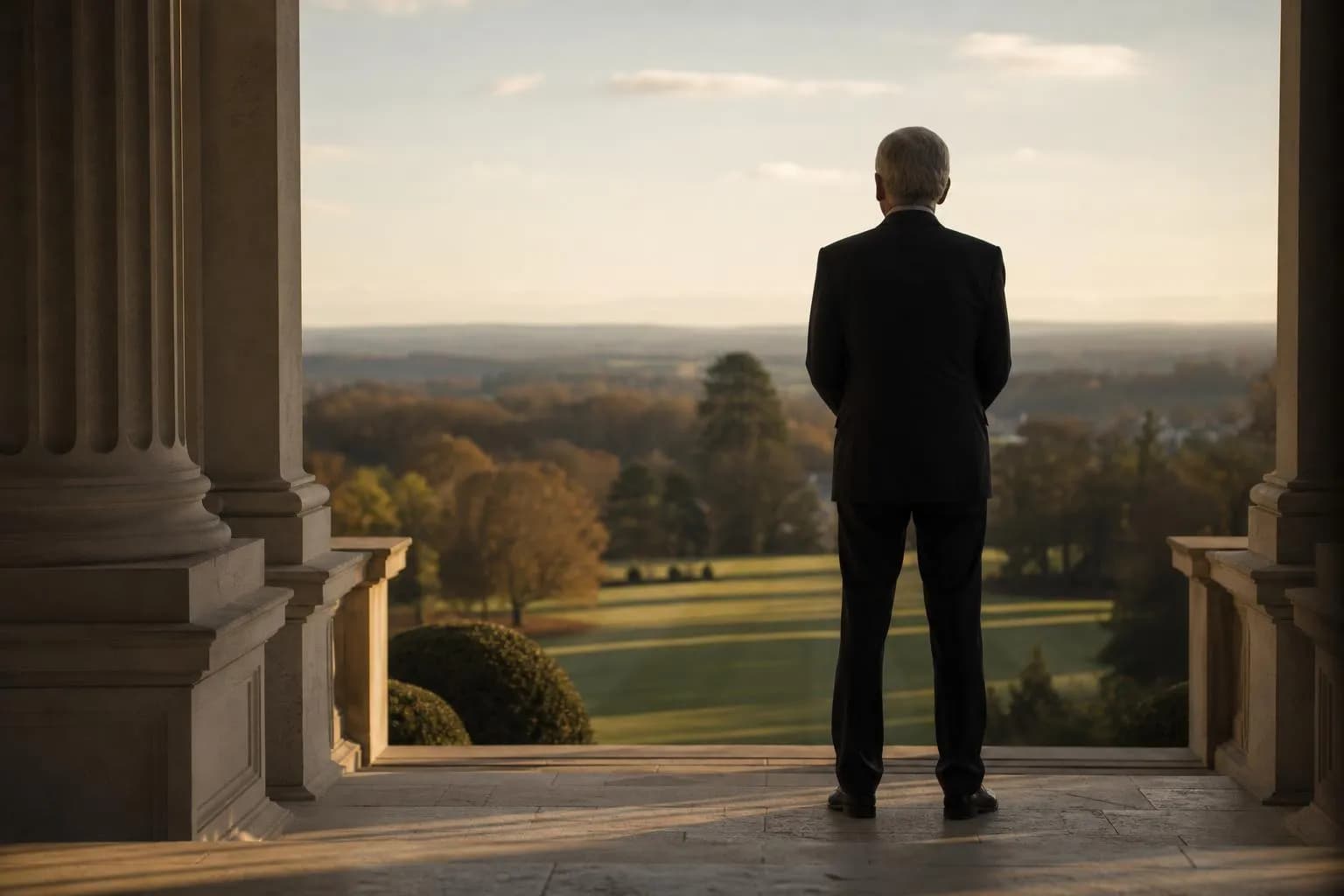 Solitary figure on terrace overlooking expansive grounds in golden afternoon light.
