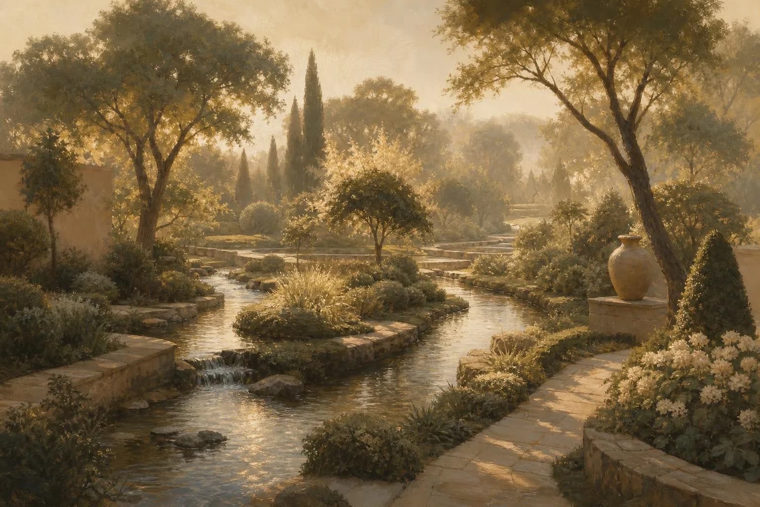 Impressionistic garden scene with flowing water and dappled light in muted greens and gold tones