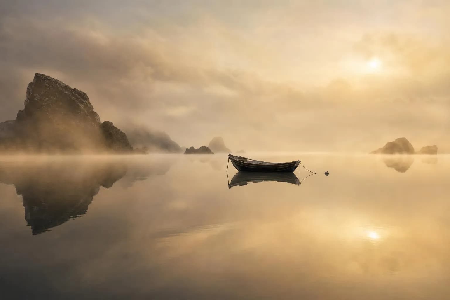 Misty coastal waters at dawn with a lone anchored boat in still conditions