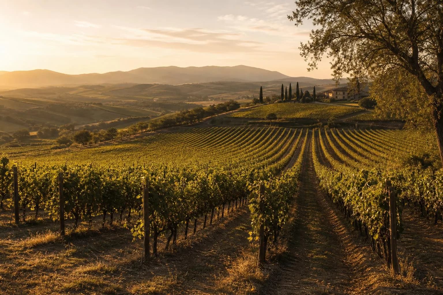 Vineyard rows at golden hour with long shadows across systematic plantings.