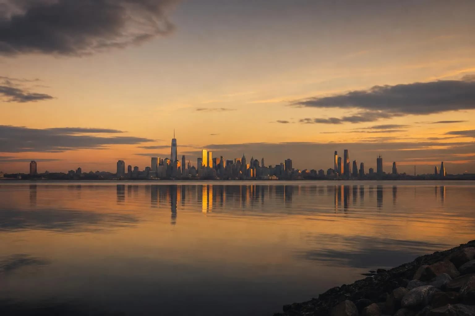 Distant city skyline at dusk reflected in calm water under a gradient sky