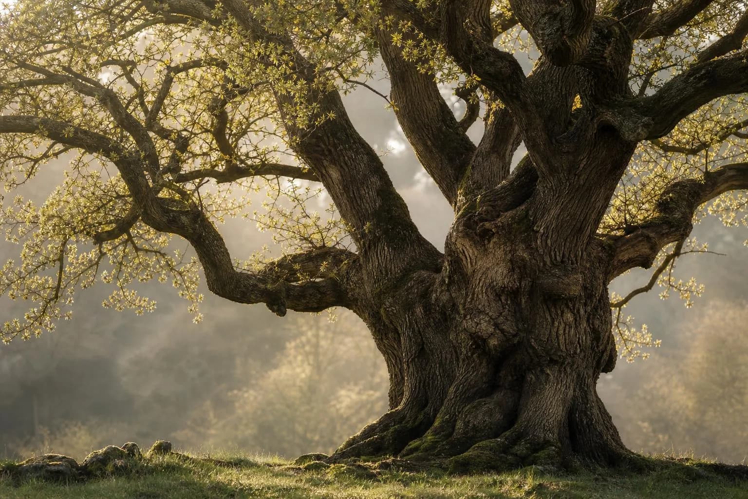 Ancient oak tree with dewy spring growth, morning light through canopy