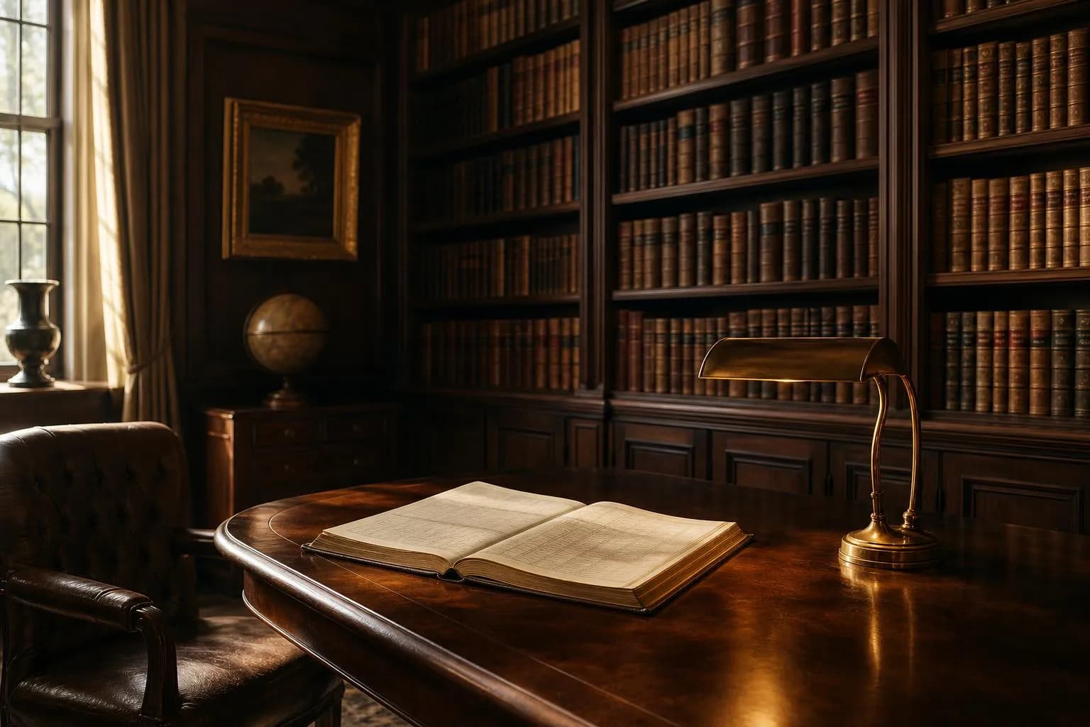 Candlelit private library with open ledger on wooden table, floor-to-ceiling bookshelves in shadows.