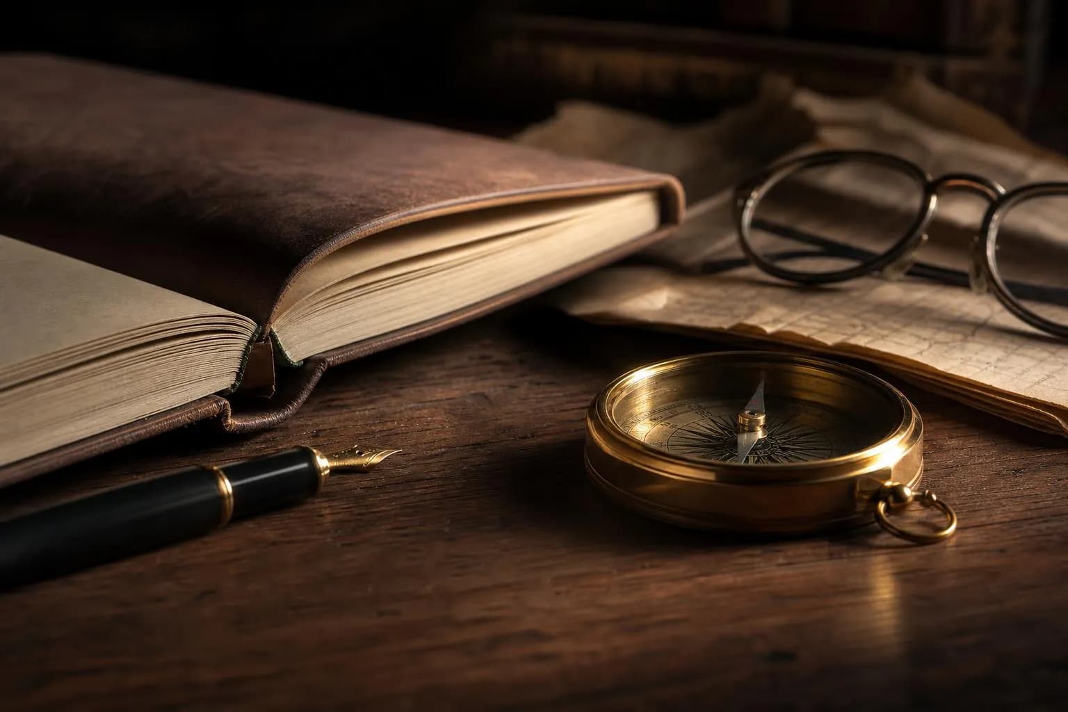 Still life with journal, pen, glasses, and compass on wood surface in warm light.