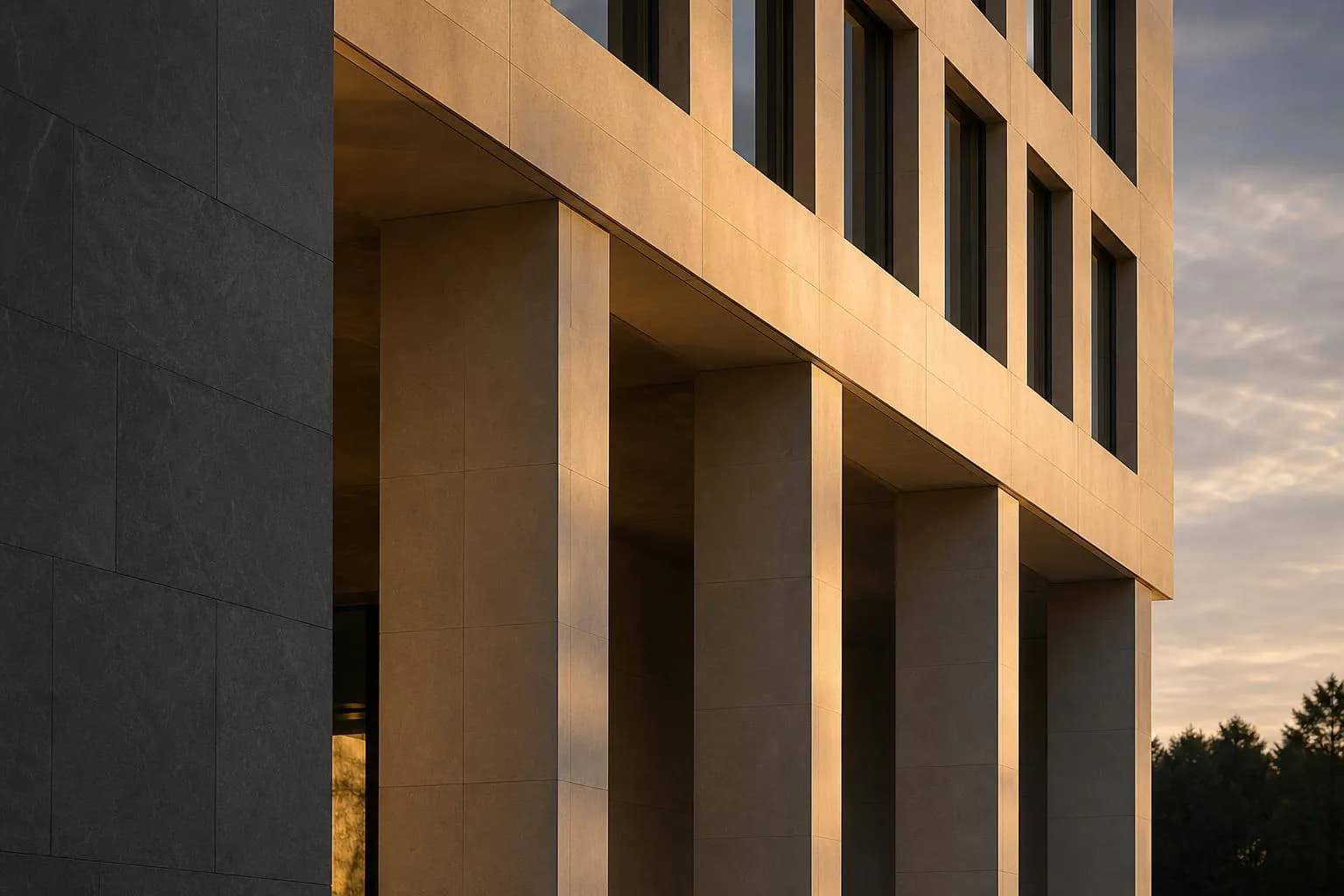 Modernist building facade with geometric planes and window grid lit by golden hour light