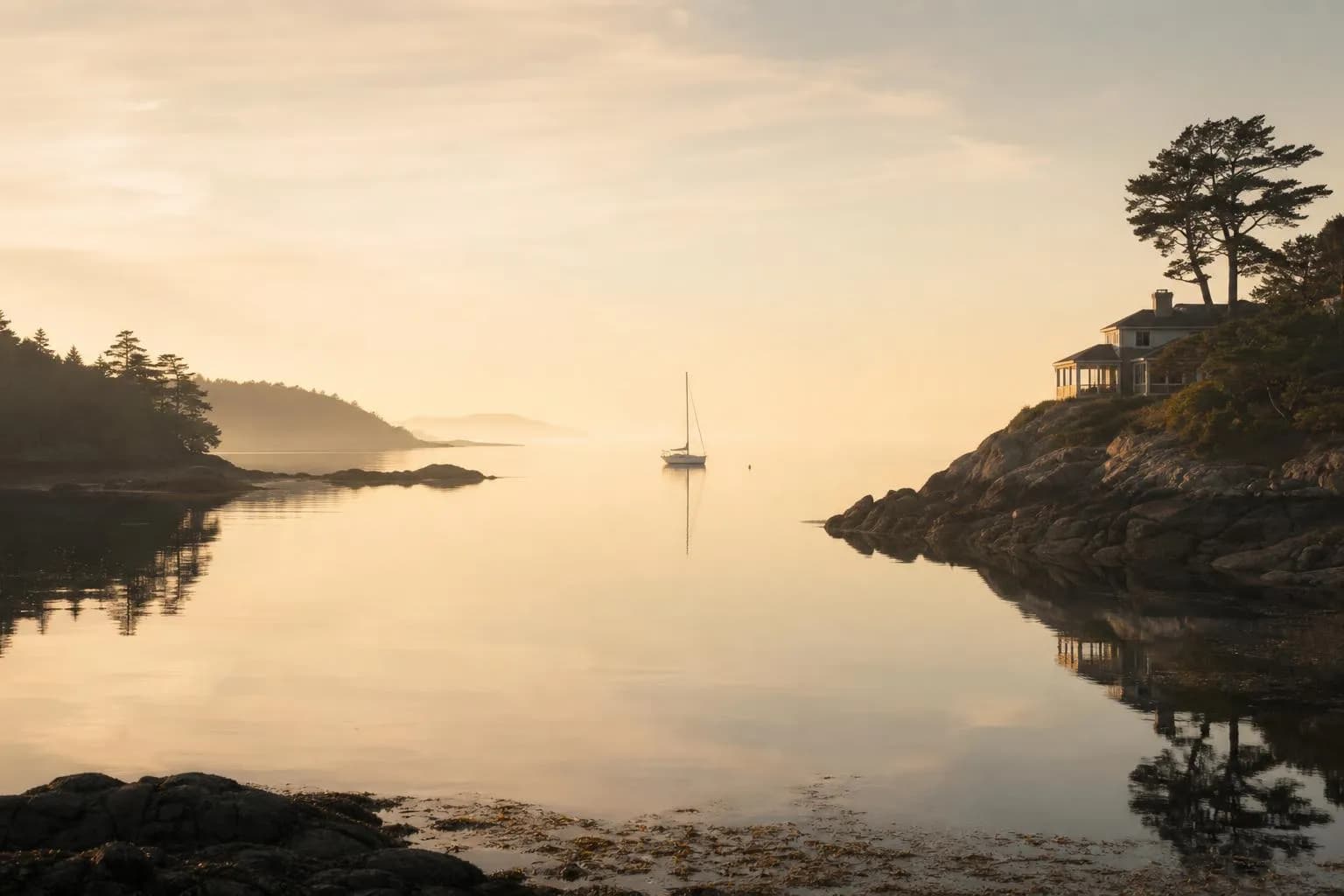 Serene cove at first light with a lone sailboat anchored far off, still water mirroring pale sky.