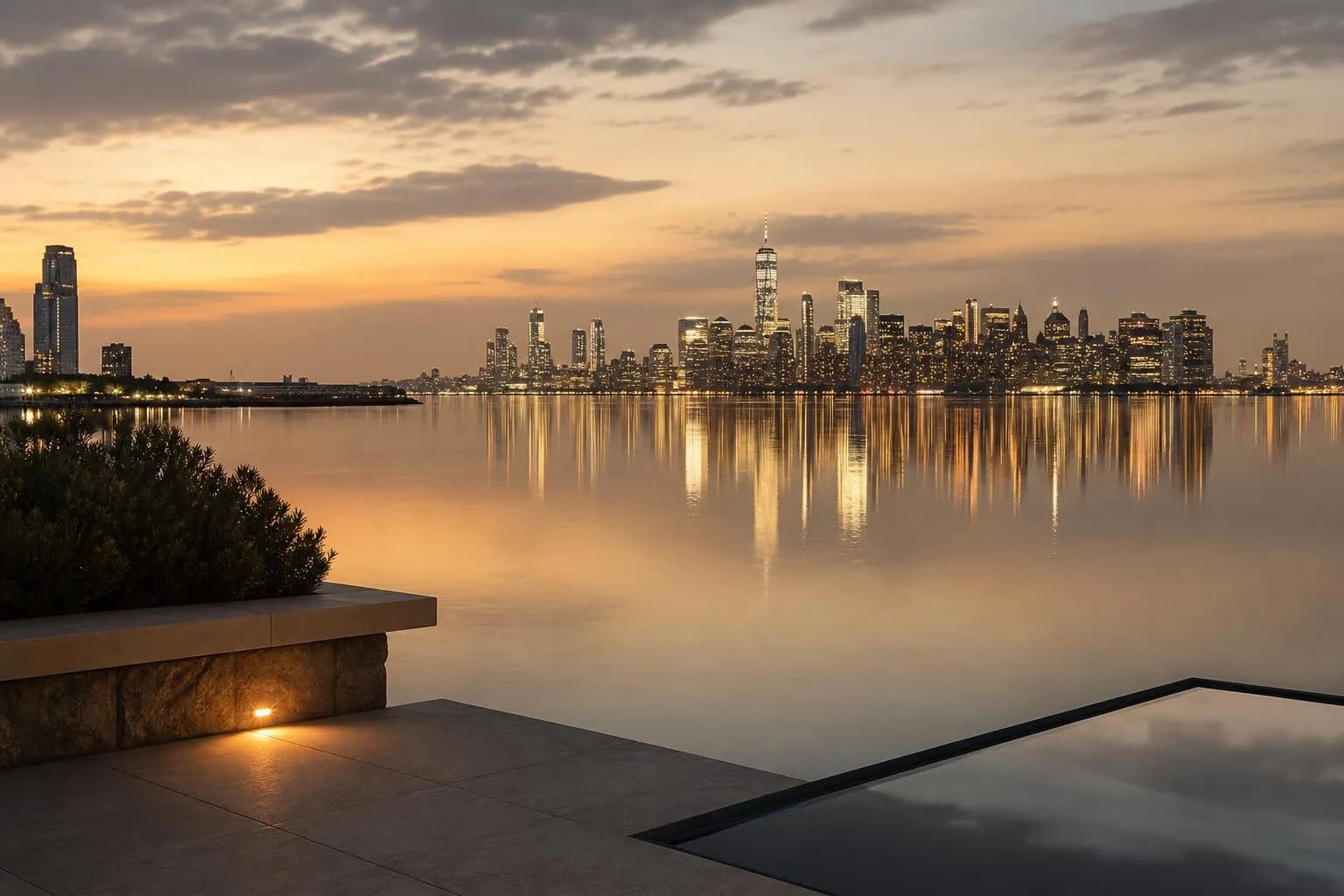 Distant city skyline glowing at dusk across still water, viewed from a quiet waterfront.