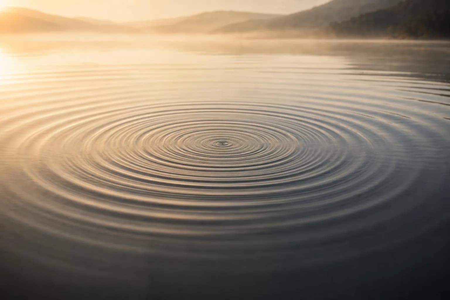 Concentric ripples spreading across still water at dawn, symbolizing cascading market effects