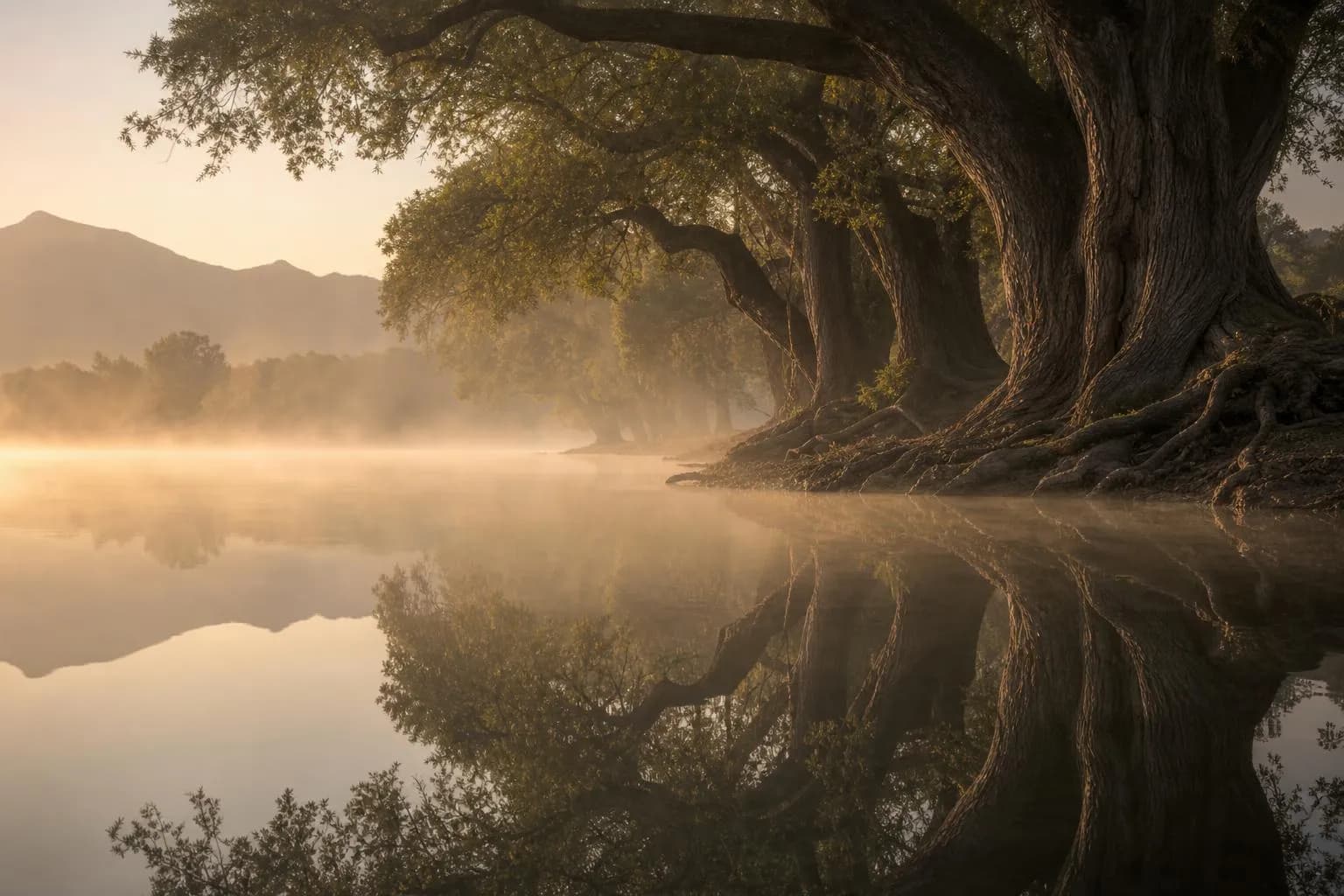 Misty pond at dawn reflecting ancient trees, symbolizing patience and cyclical renewal