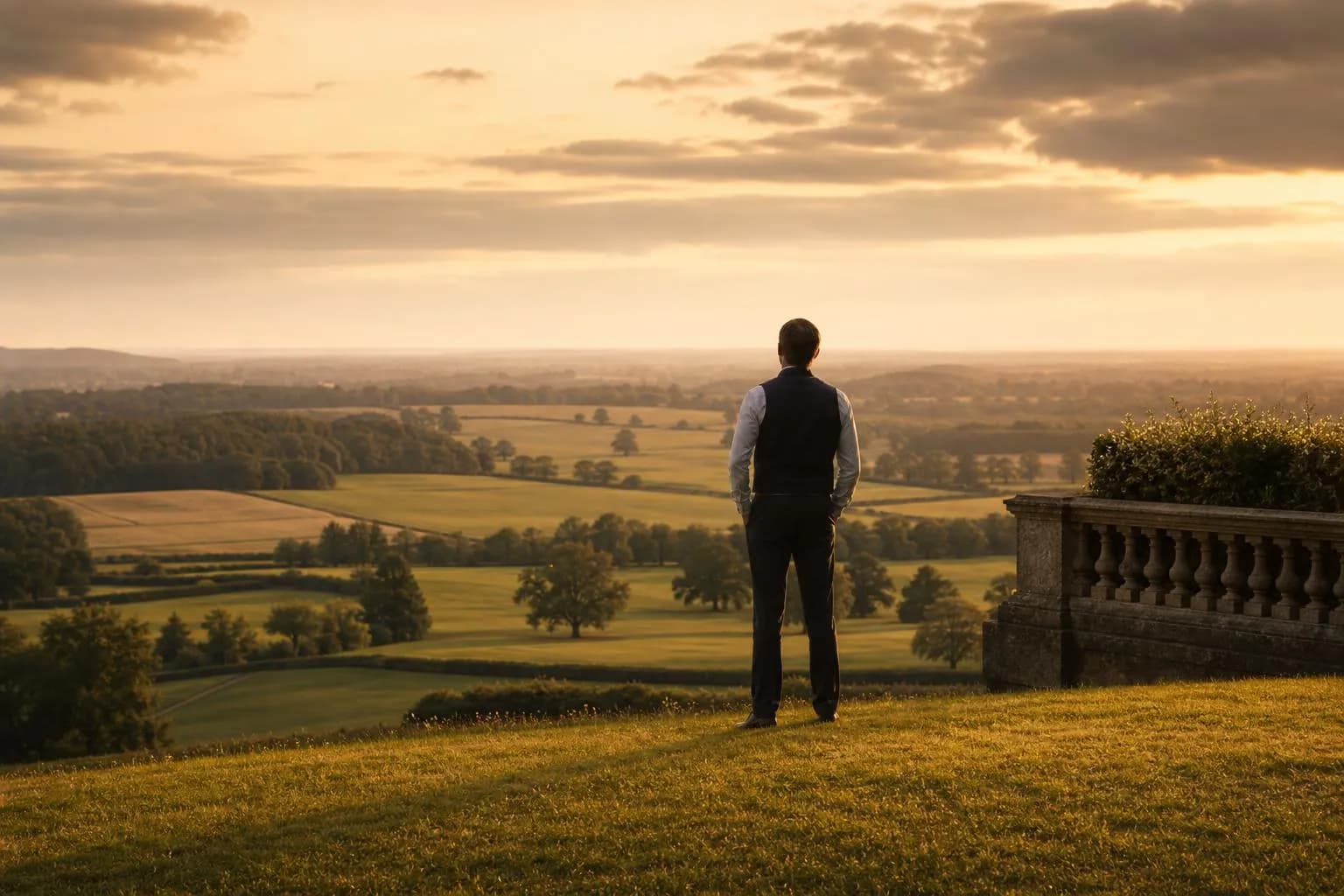 Solitary figure overlooking expansive golden-hour estate landscape at dusk
