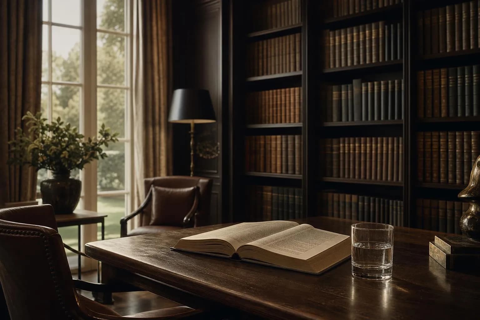 Quiet library interior with open book, shelves, and filtered natural light