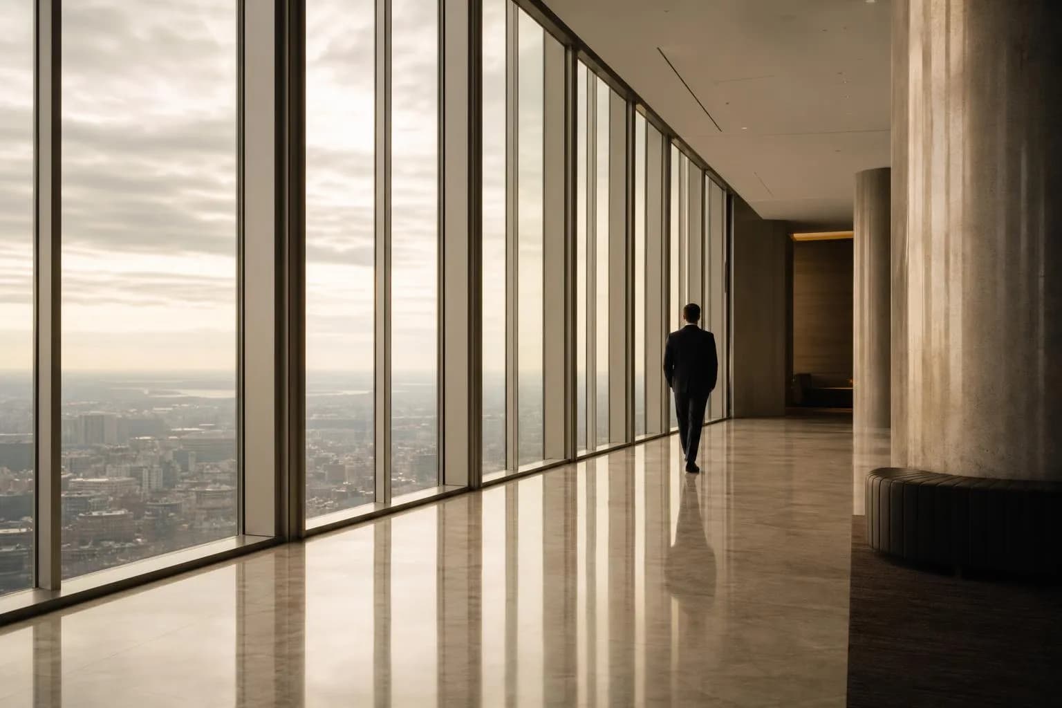 A lone figure walking through a modern, minimalist corridor with expansive windows and soft light.