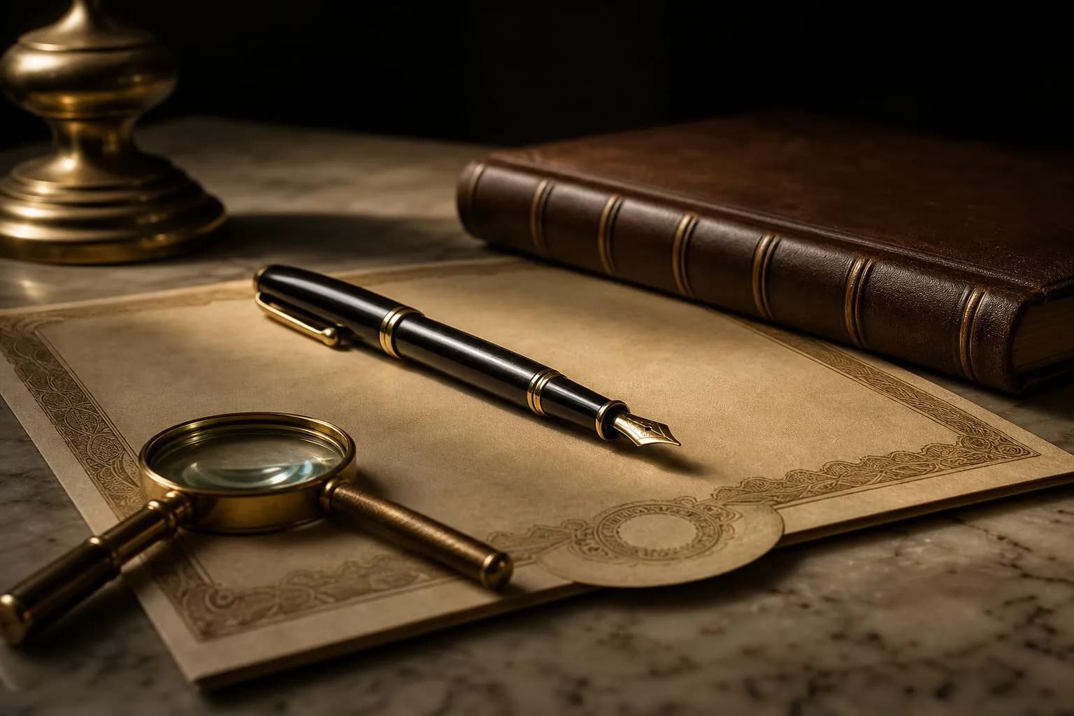 Still life with fountain pen, bond certificate, magnifying glass, and leather ledger on marble surface.