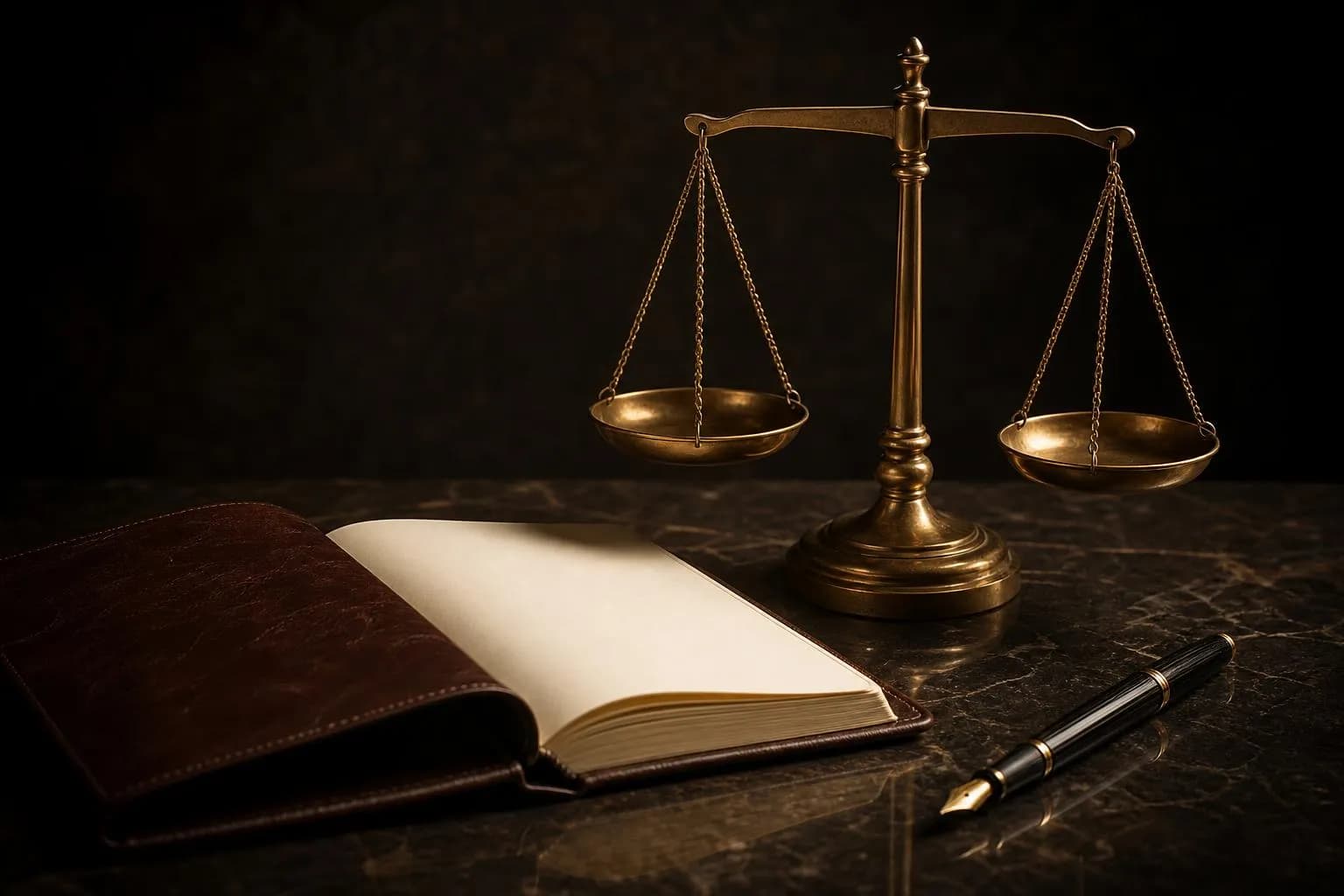 Fine-art still life: a brass scale, open ledger, and fountain pen arranged on polished surface with dramatic lighting.