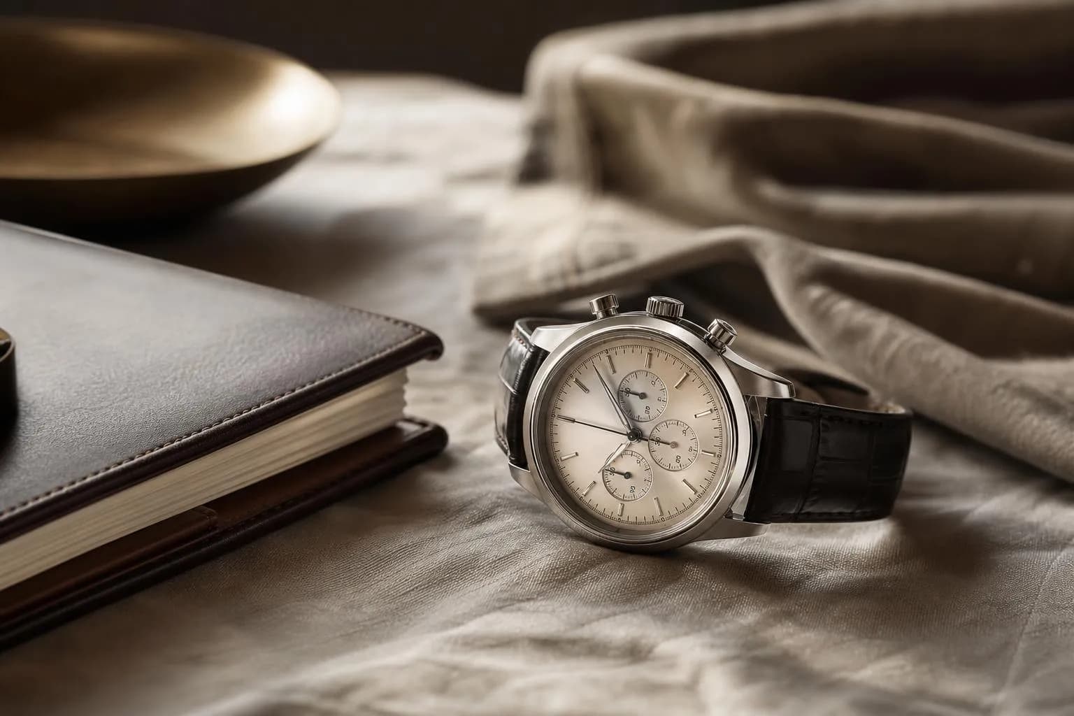 A vintage chronograph watch and leather journal on cream linen, symbolizing patient long-term investment strategy.