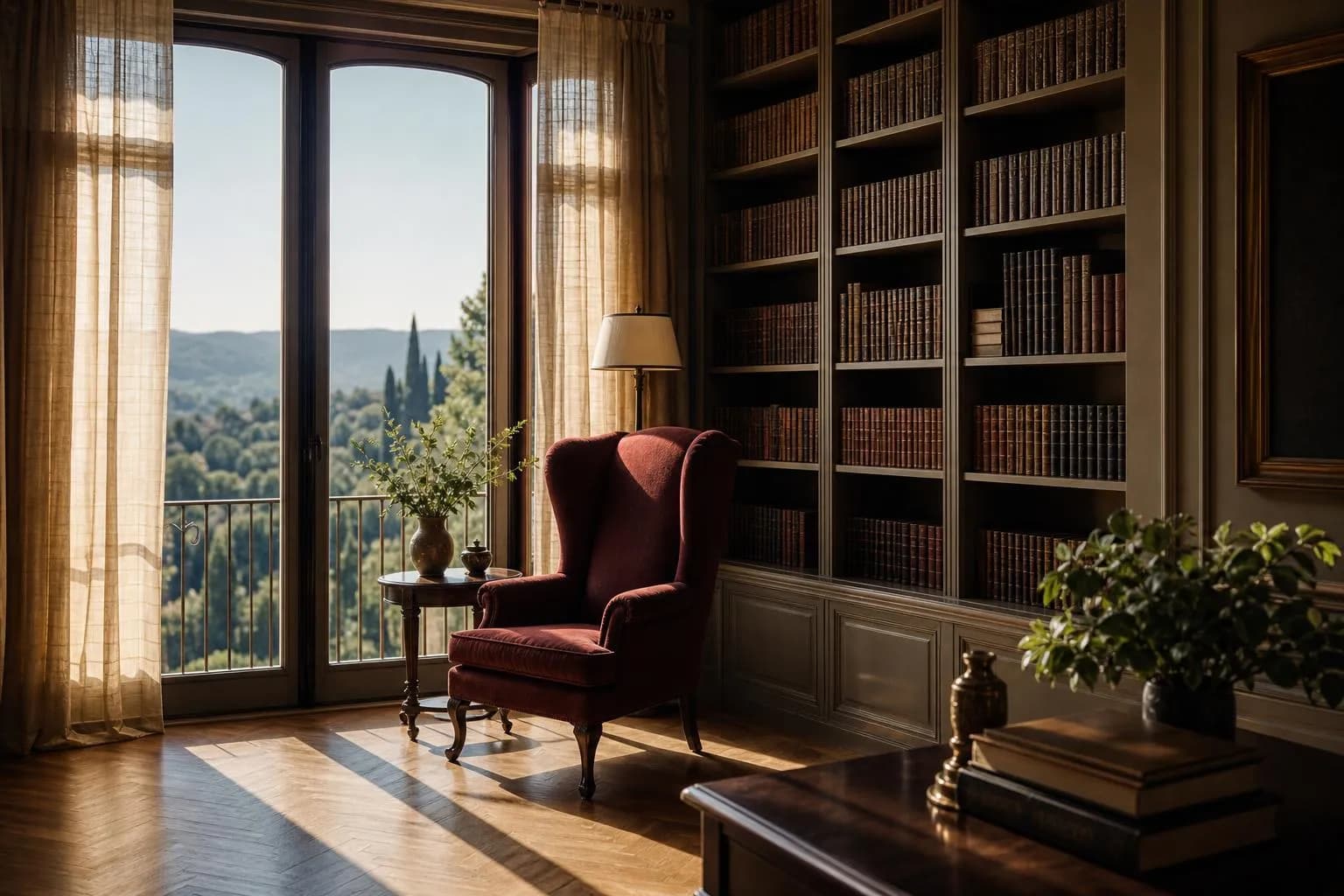 Sunlit private library with leather books, wingback chair, and Mediterranean landscape view through windows.