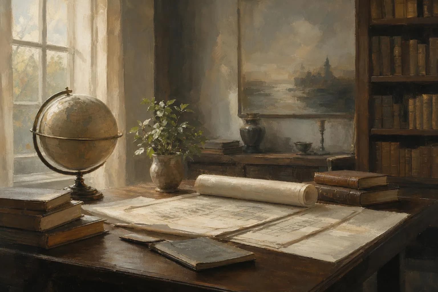 Impressionistic study of a quiet desk with ledgers and blueprints in muted, painterly tones.