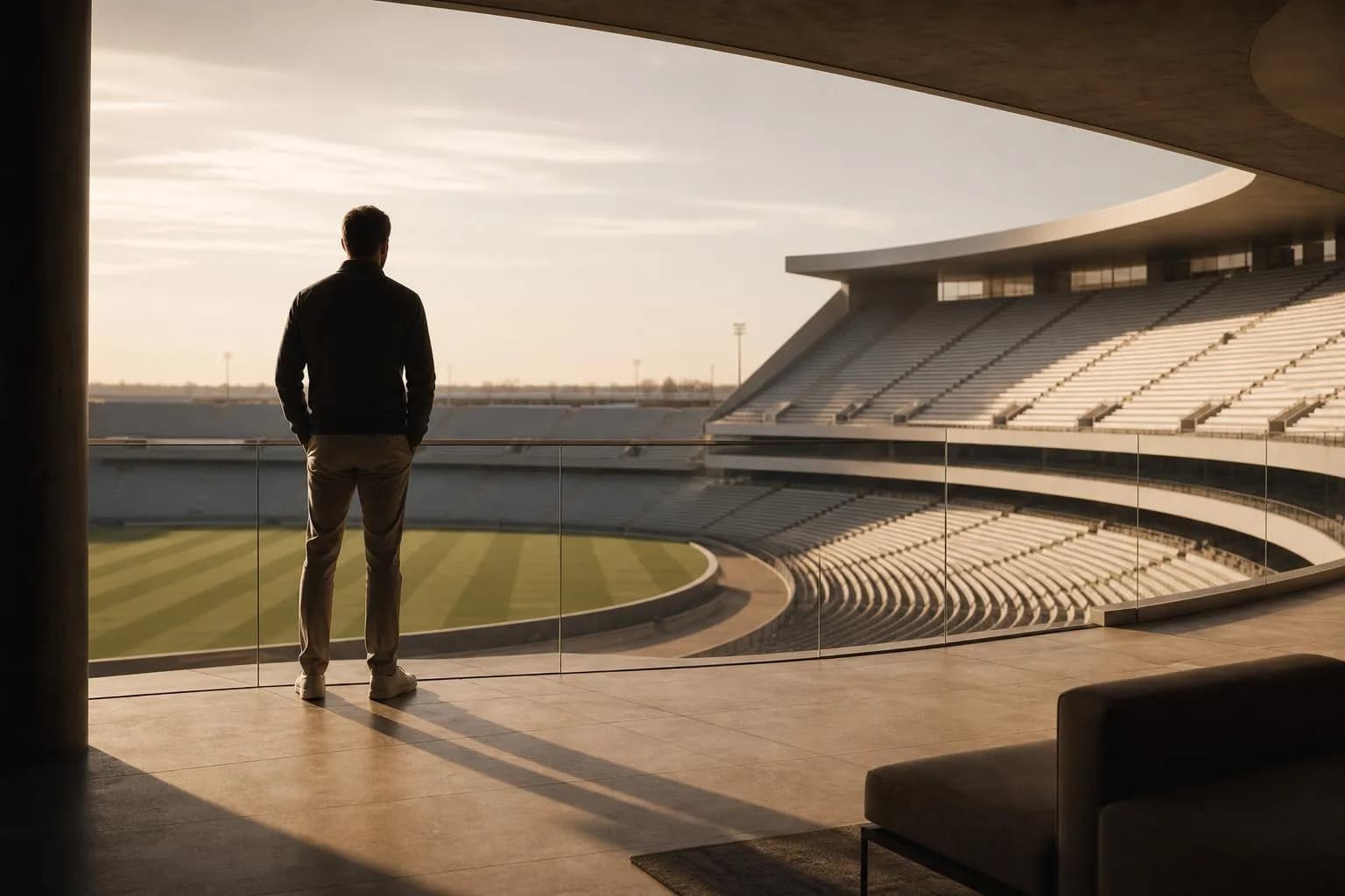 A solitary figure viewed from behind, standing in a modern stadium amid architectural geometry and soft light.