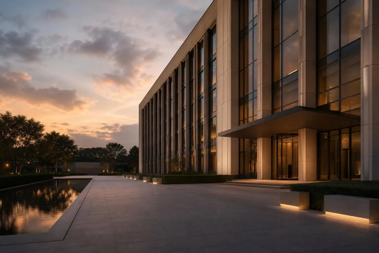 Modernist institutional building facade at dusk with clean geometric lines and ambient light