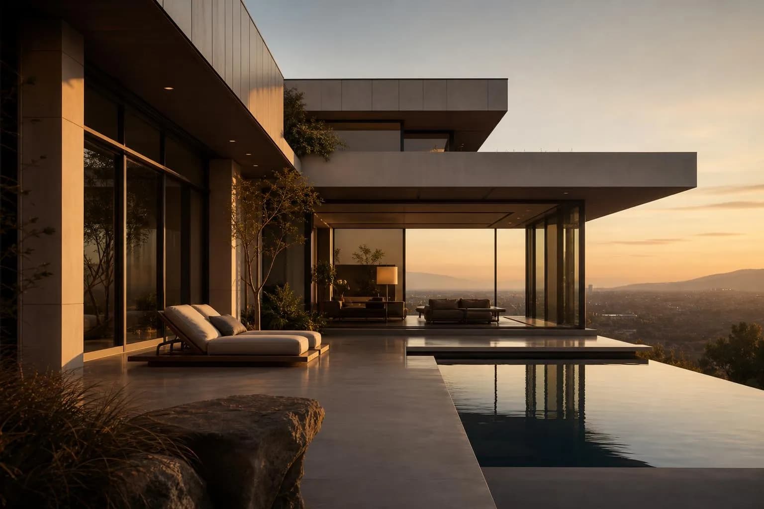 Modern architectural facade with geometric lines, warm golden light, distant horizon