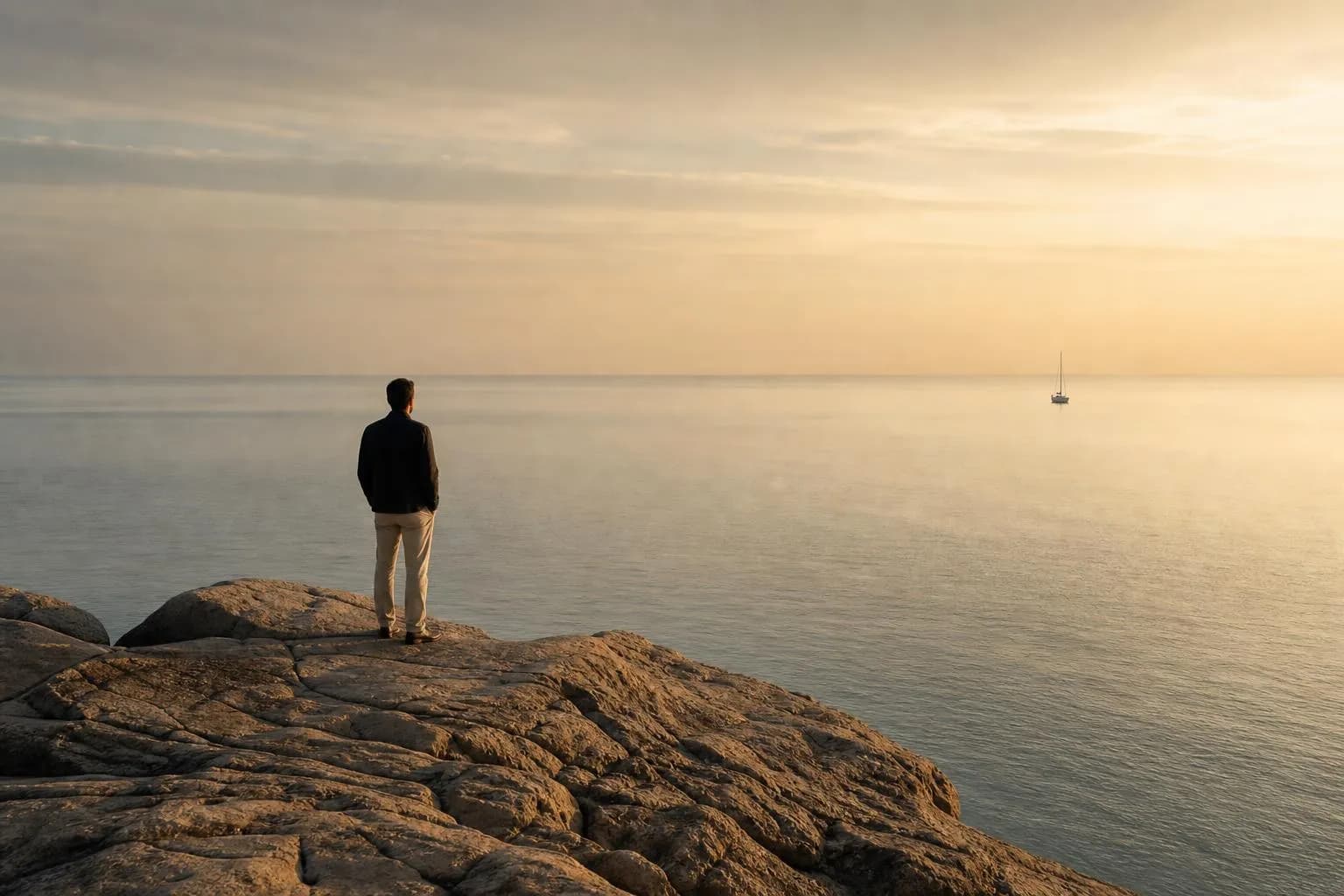 Solitary figure on rocky coastline at dawn, gazing across still sea toward distant horizon.
