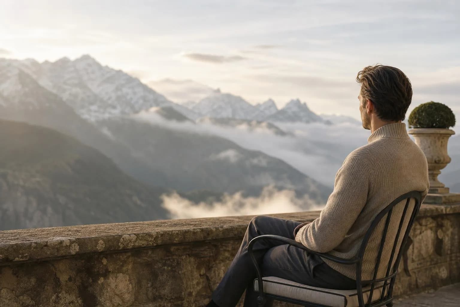 Man in fine wool clothing gazing at misty Alpine mountains from a stone terrace at dawn