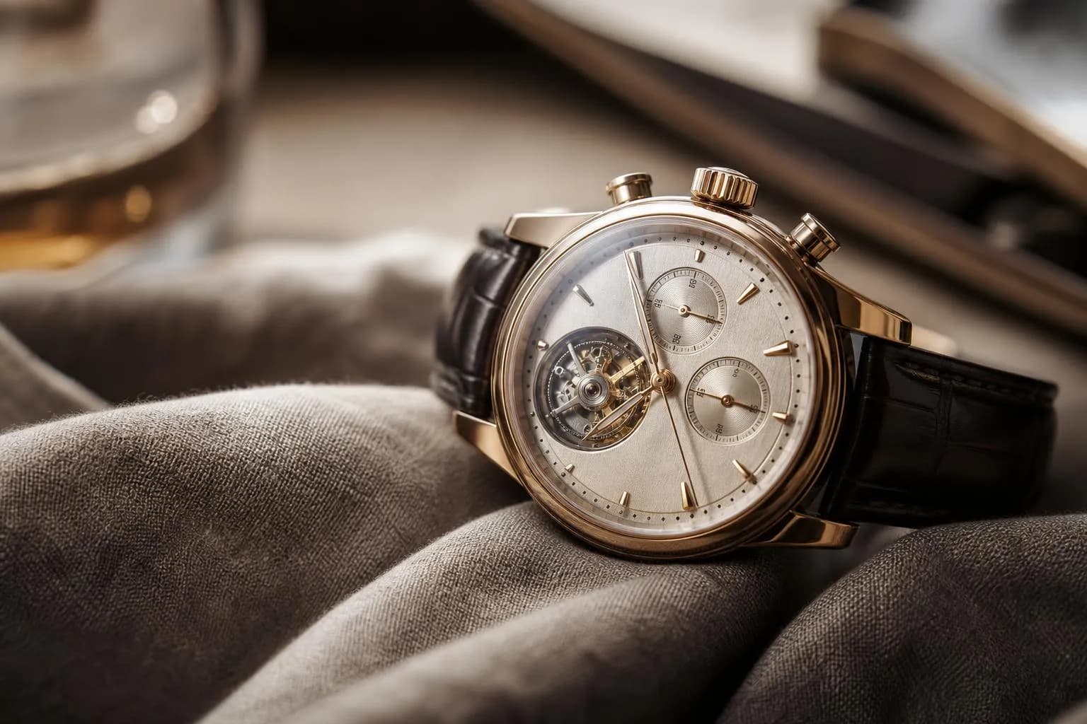Close-up of a luxury watch on linen, soft natural light highlighting its intricate dial and precision mechanics.