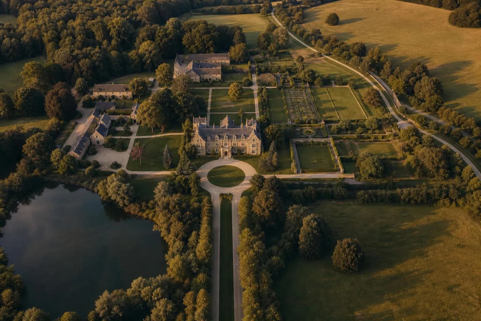 Aerial view of a sprawling family estate with organized grounds, main house, and private roads at sunset.