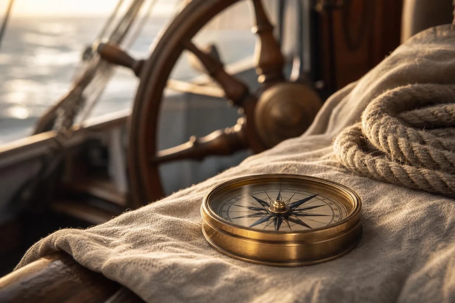 Close-up of a brass compass on linen aboard a sailing yacht, symbolizing strategic navigation and recalibration.