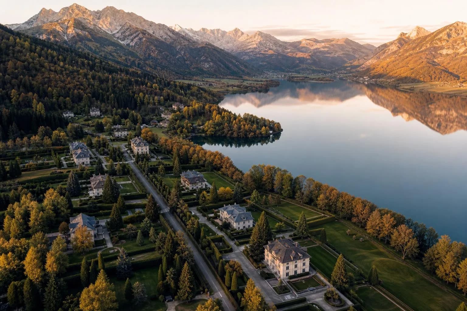 Aerial view of Alpine valley estates with villas, forests, and a gleaming lake at sunset