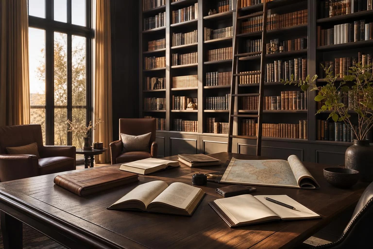 Sunlit private library with open books, maps, and leather volumes on wood shelves.